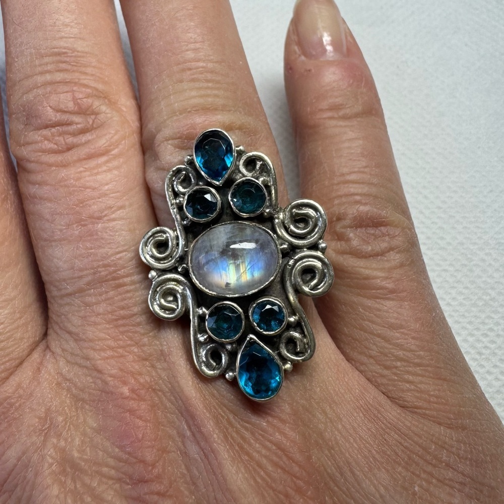 VIntage Art Deco Artisan Sterling Silver Ring with Blue White Gemstones Size 8